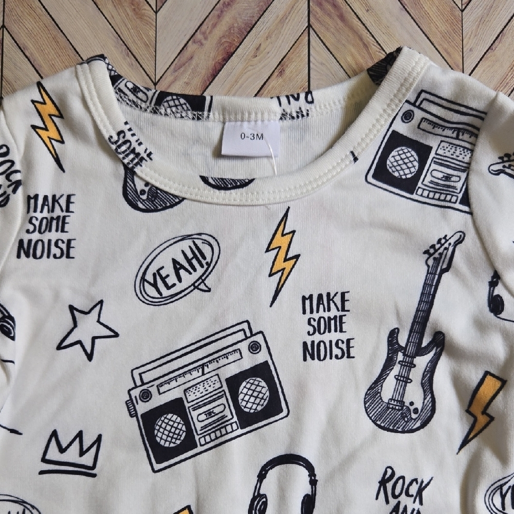 Rock & Roll Baby Jumpsuit & Beanie PJ Set Yellow White Romper One Piece 0-3M - Picture 3 of 9